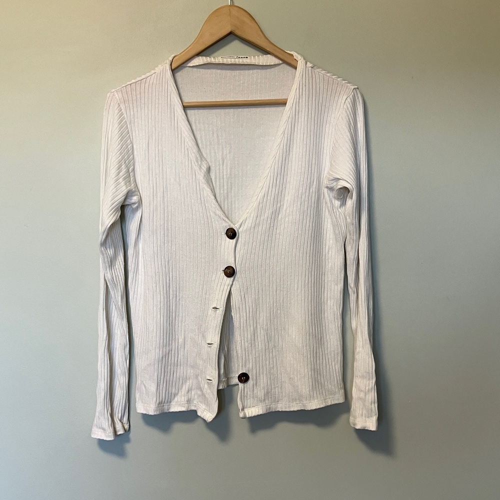 Reformation White Ribbed Button-Front Long Sleeve Top Cardigan as is